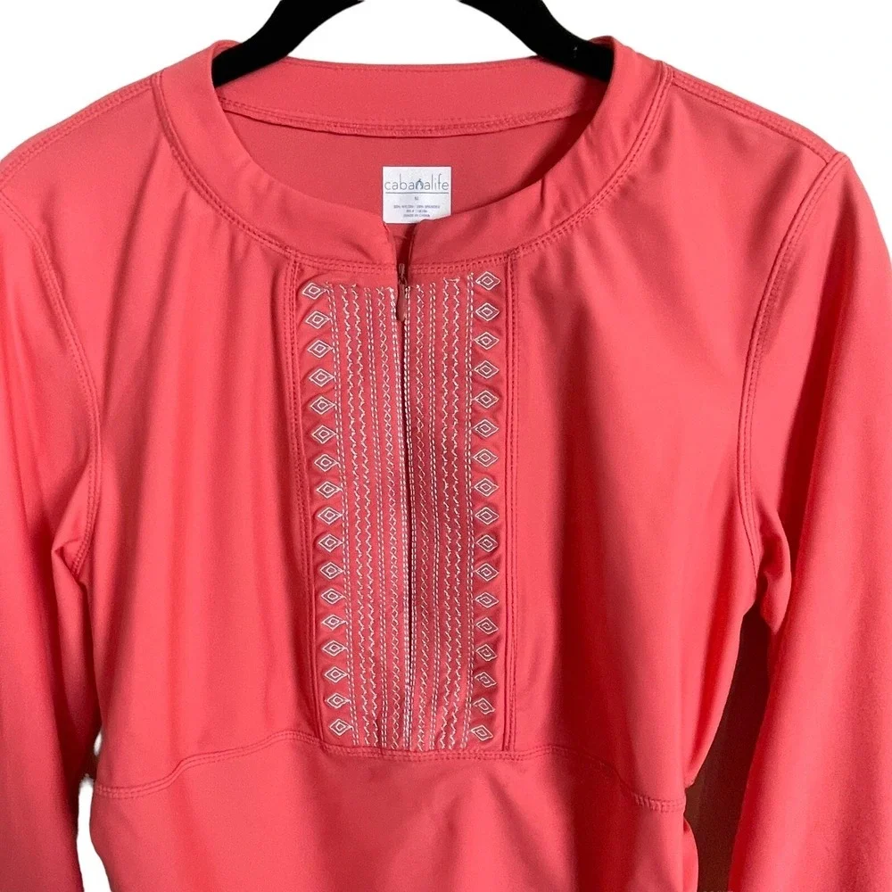 Cabana Life Rash Guard Womens Medium Coral Pink Embroidered Long Sleeve Swim Top